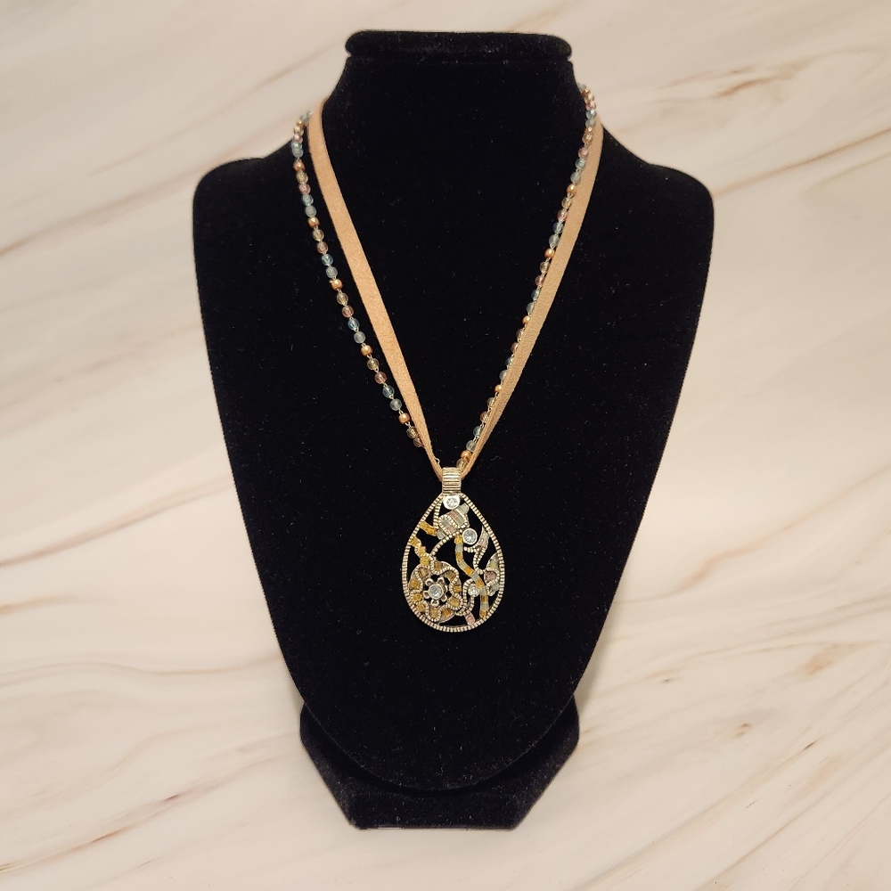 Bead and Faux Suede Neclace with Abstract Pendent